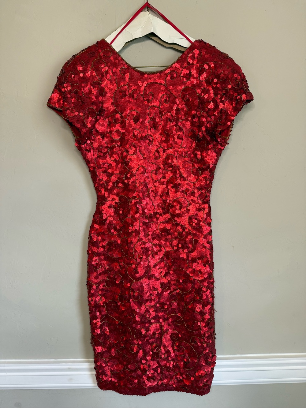 Carmen Marc Valvo Red Sequin Mini Sheath Dress
